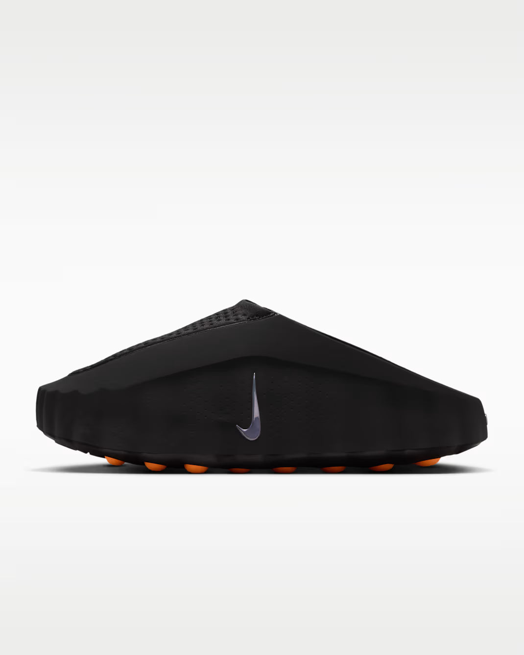 Black sandals with a Nike logo on a white background